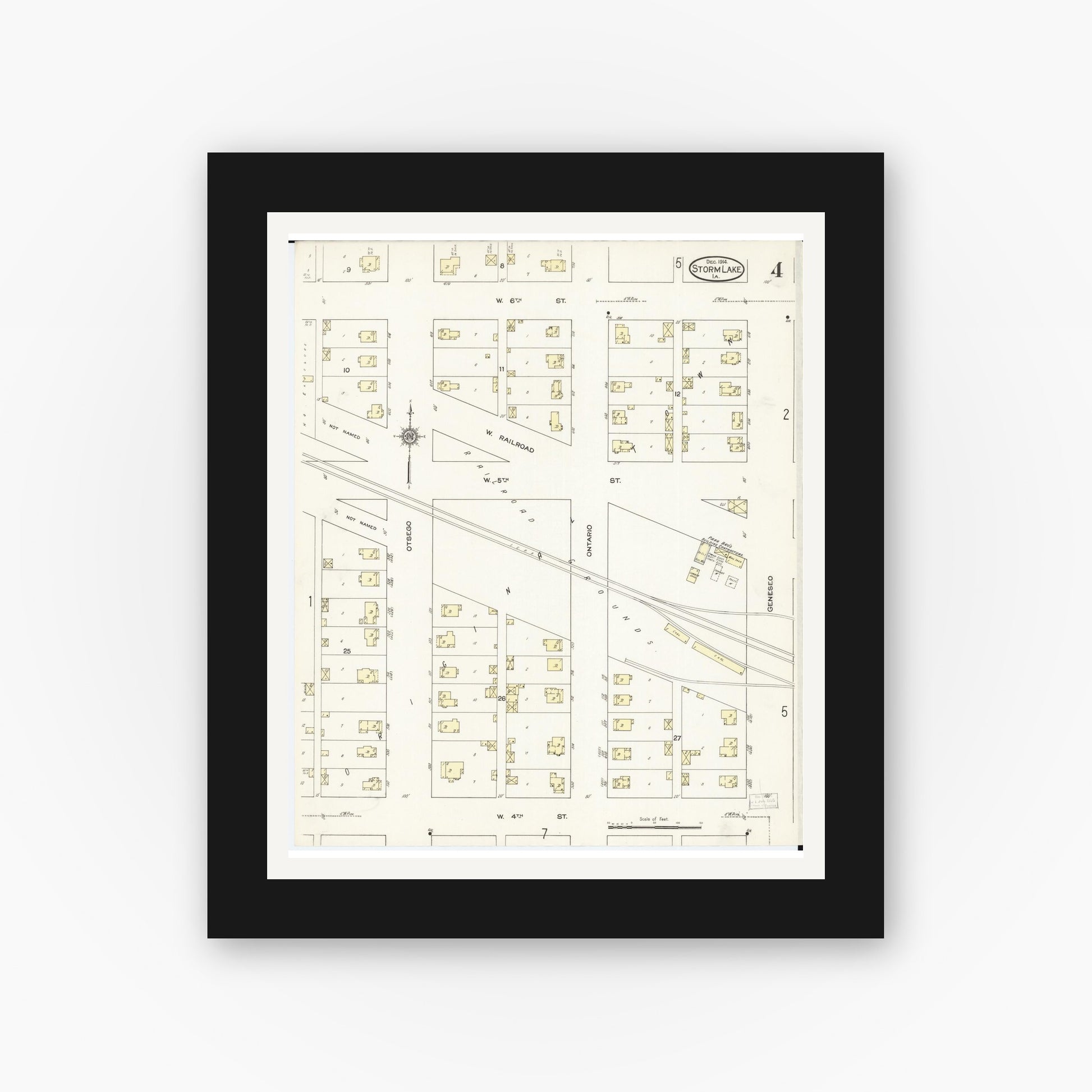 Old map wall art mockup — black gallery frame with white mat — Sanborn Fire Insurance Map from Storm Lake, Buena Vista County, Iowa (1914), Sheet #0004
