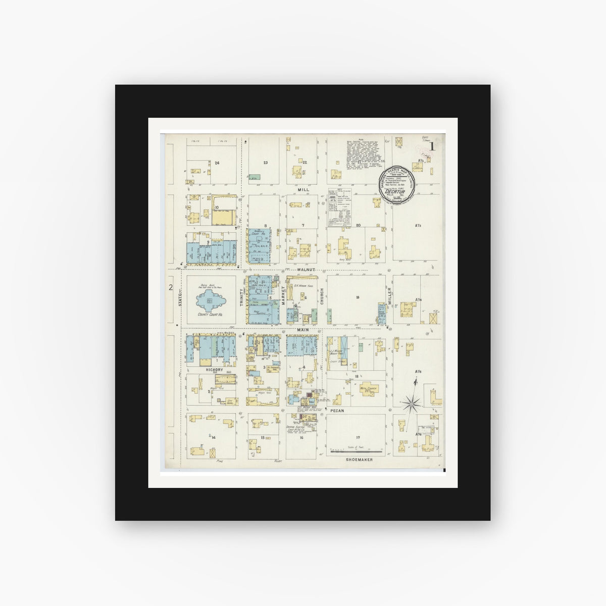 Old map wall art mockup — black gallery frame with white mat — Sanborn Fire Insurance Map from Decatur, Wise County, Texas (1896), Sheet #0001
