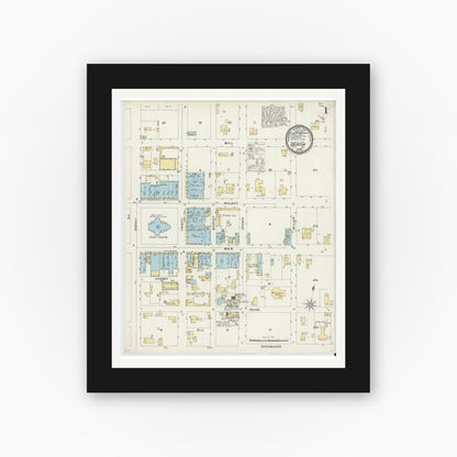 Old map wall art mockup — black gallery frame with white mat — Sanborn Fire Insurance Map from Decatur, Wise County, Texas (1896), Sheet #0001