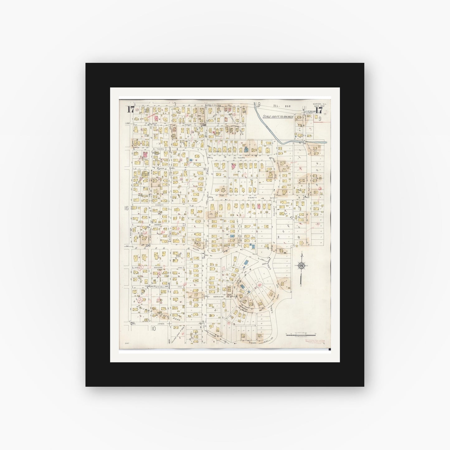 Old map wall art mockup — black gallery frame with white mat — Sanborn Fire Insurance Map from Marion, Williamson County, Illinois (1946), Sheet #0017