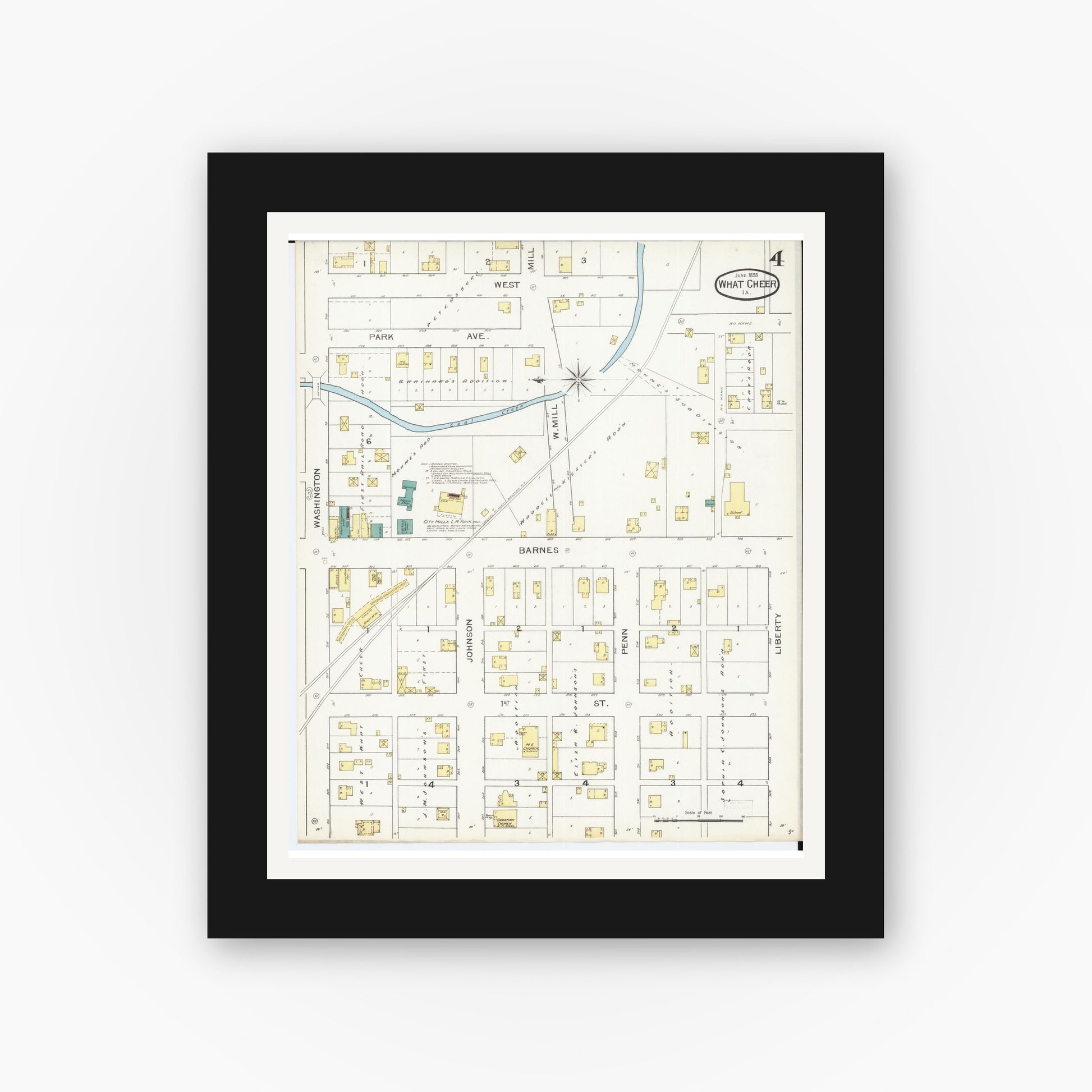 Old map wall art mockup — black gallery frame with white mat — Sanborn Fire Insurance Map from What Cheer, Keokuk County, Iowa (1893), Sheet #0004