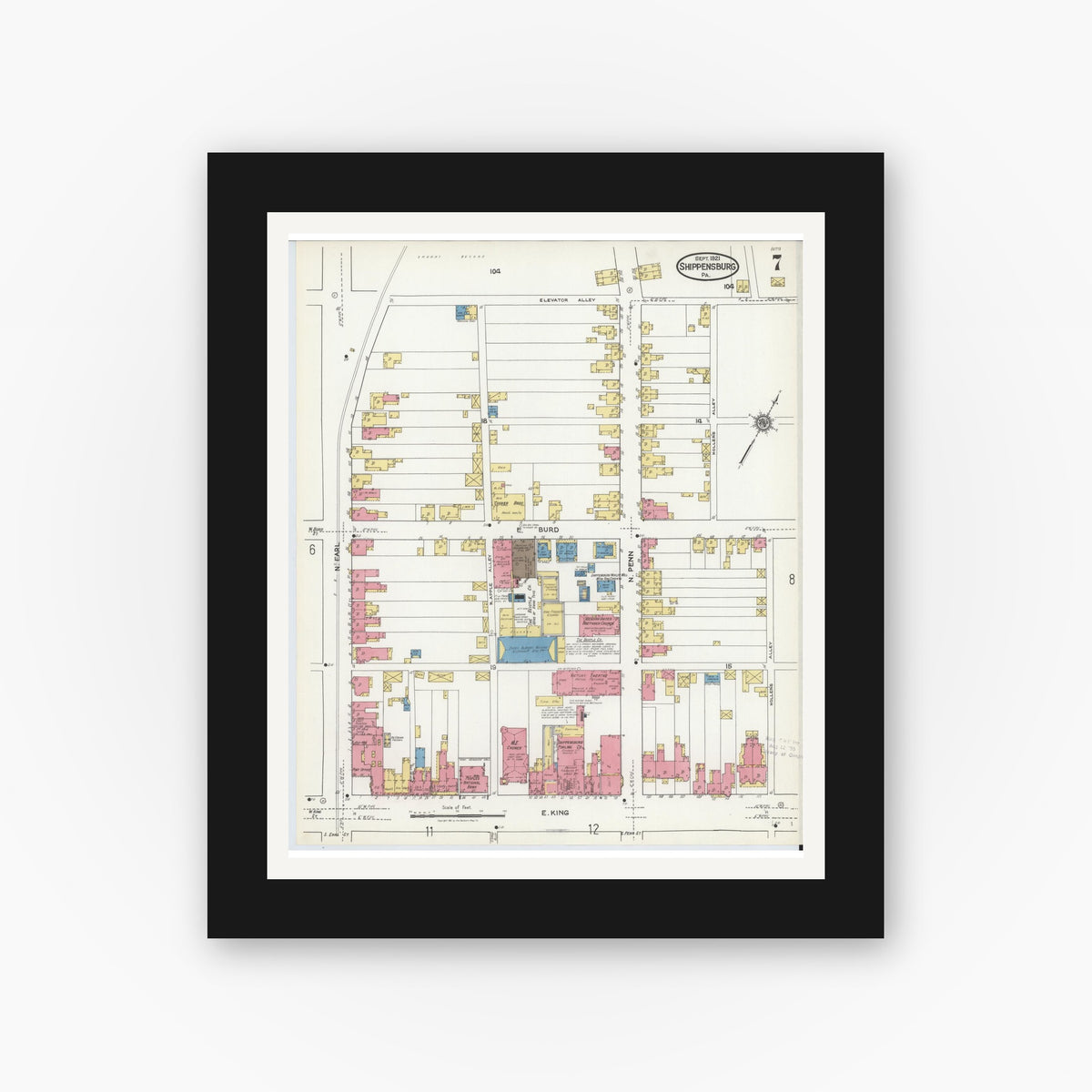 Old map wall art mockup — black gallery frame with white mat — Sanborn Fire Insurance Map from Shippensburg, Cumberland And Franklin Counties, Pennsylvania (1921), Sheet #0007