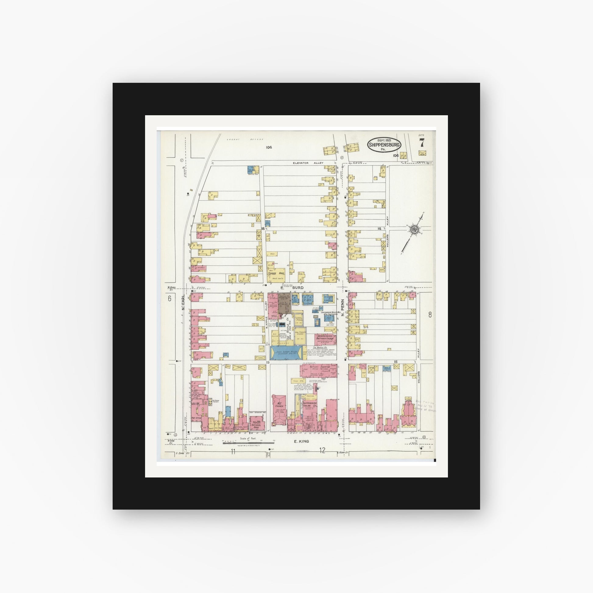 Old map wall art mockup — black gallery frame with white mat — Sanborn Fire Insurance Map from Shippensburg, Cumberland And Franklin Counties, Pennsylvania (1921), Sheet #0007