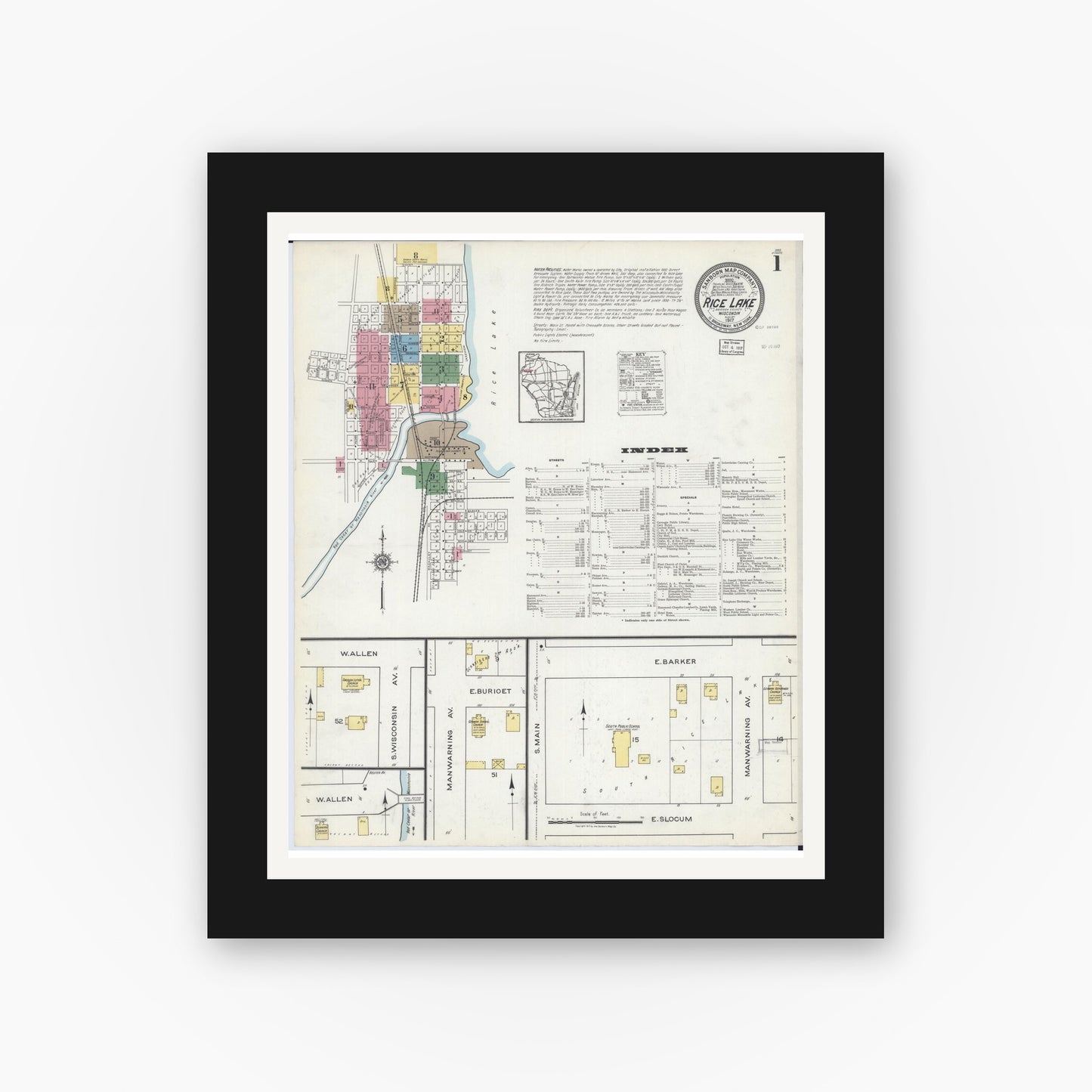 Old map wall art mockup — black gallery frame with white mat — Sanborn Fire Insurance Map from Rice Lake, Barron County, Wisconsin (1917) - Complete Map Set
