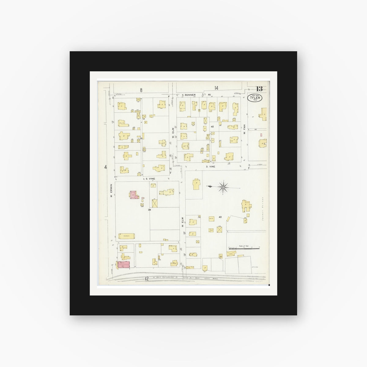 Old map wall art mockup — black gallery frame with white mat — Sanborn Fire Insurance Map from Tyler, Smith County, Texas (1907), Sheet #0013