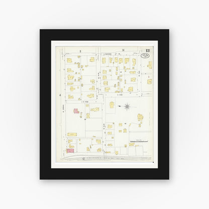 Old map wall art mockup — black gallery frame with white mat — Sanborn Fire Insurance Map from Tyler, Smith County, Texas (1907), Sheet #0013