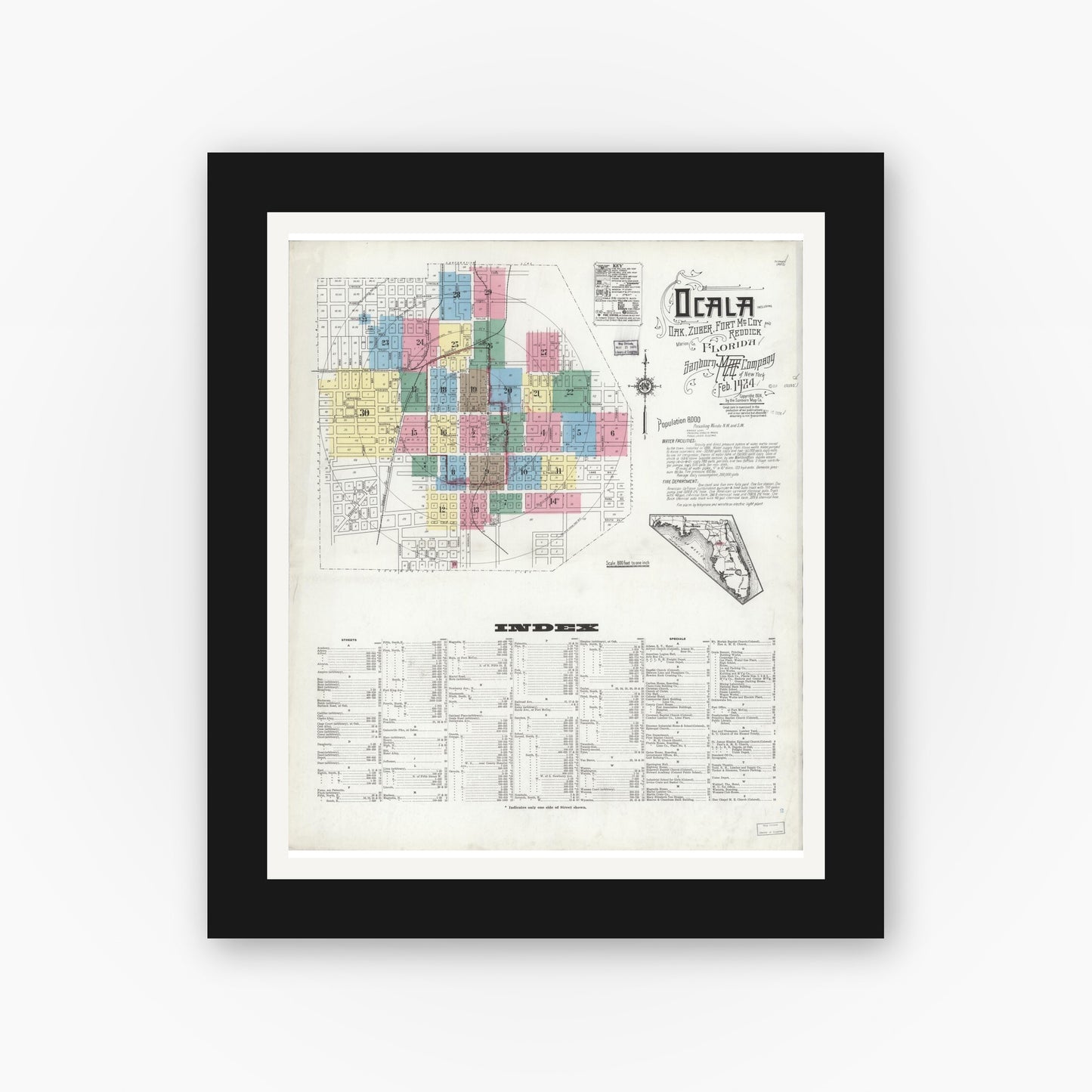 Old map wall art mockup — black gallery frame with white mat — Sanborn Fire Insurance Map from Ocala, Marion County, Florida (1924), Sheet #0001