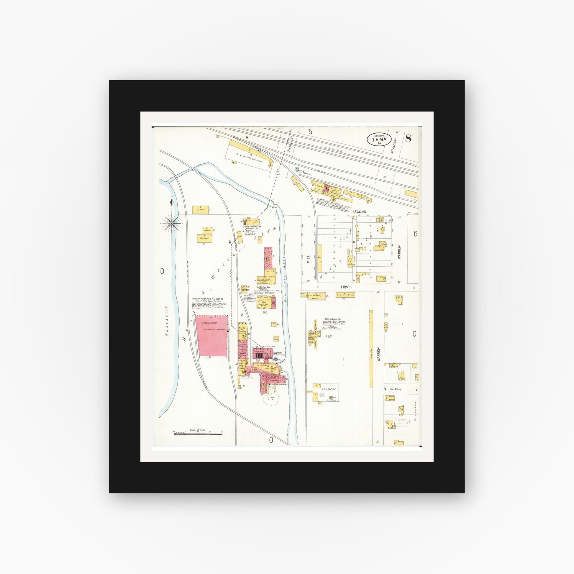 Old map wall art mockup — black gallery frame with white mat — Sanborn Fire Insurance Map from Tama, Tama County, Iowa (1906), Sheet #0008