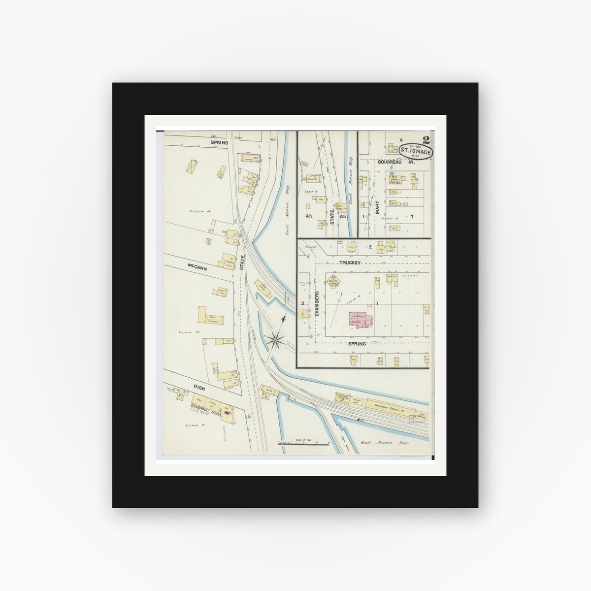Old map wall art mockup — black gallery frame with white mat — Sanborn Fire Insurance Map from Saint Ignace, Mackinac County, Michigan (1890), Sheet #0002
