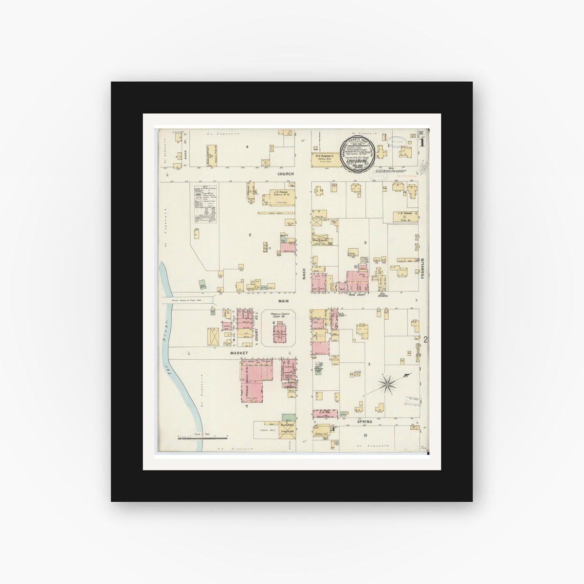 Old map wall art mockup — black gallery frame with white mat — Sanborn Fire Insurance Map from Louisburg, Franklin County, North Carolina (1898) - Complete Map Set