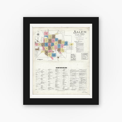 Old map wall art mockup — black gallery frame with white mat — Sanborn Fire Insurance Map from Salem, Columbiana County, Ohio (1926), Sheet #0001