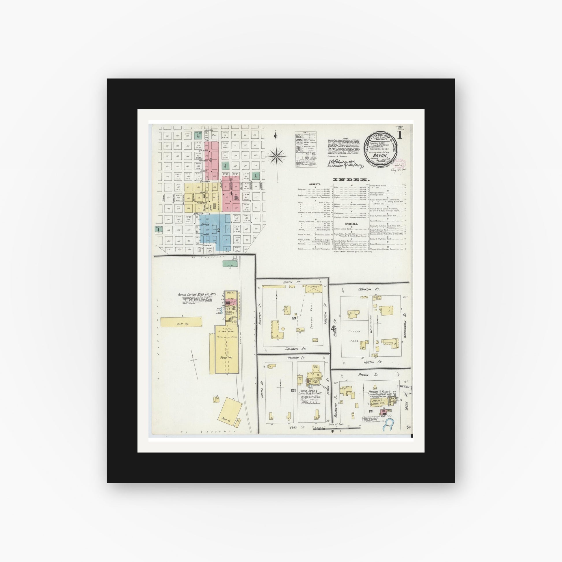 Old map wall art mockup — black gallery frame with white mat — Sanborn Fire Insurance Map from Bryan, Brazos County, Texas (1896), Sheet #0001