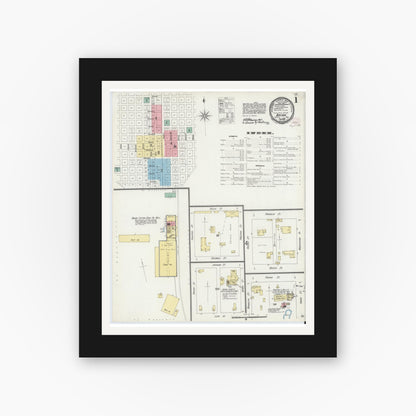 Old map wall art mockup — black gallery frame with white mat — Sanborn Fire Insurance Map from Bryan, Brazos County, Texas (1896), Sheet #0001