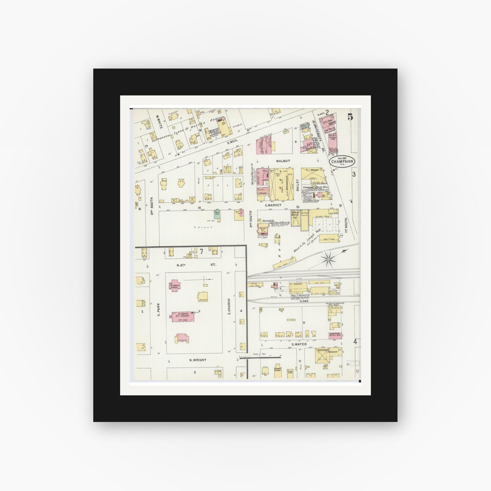 Old map wall art mockup — black gallery frame with white mat — Sanborn Fire Insurance Map from Champaign, Champaign County, Illinois (1897), Sheet #0005