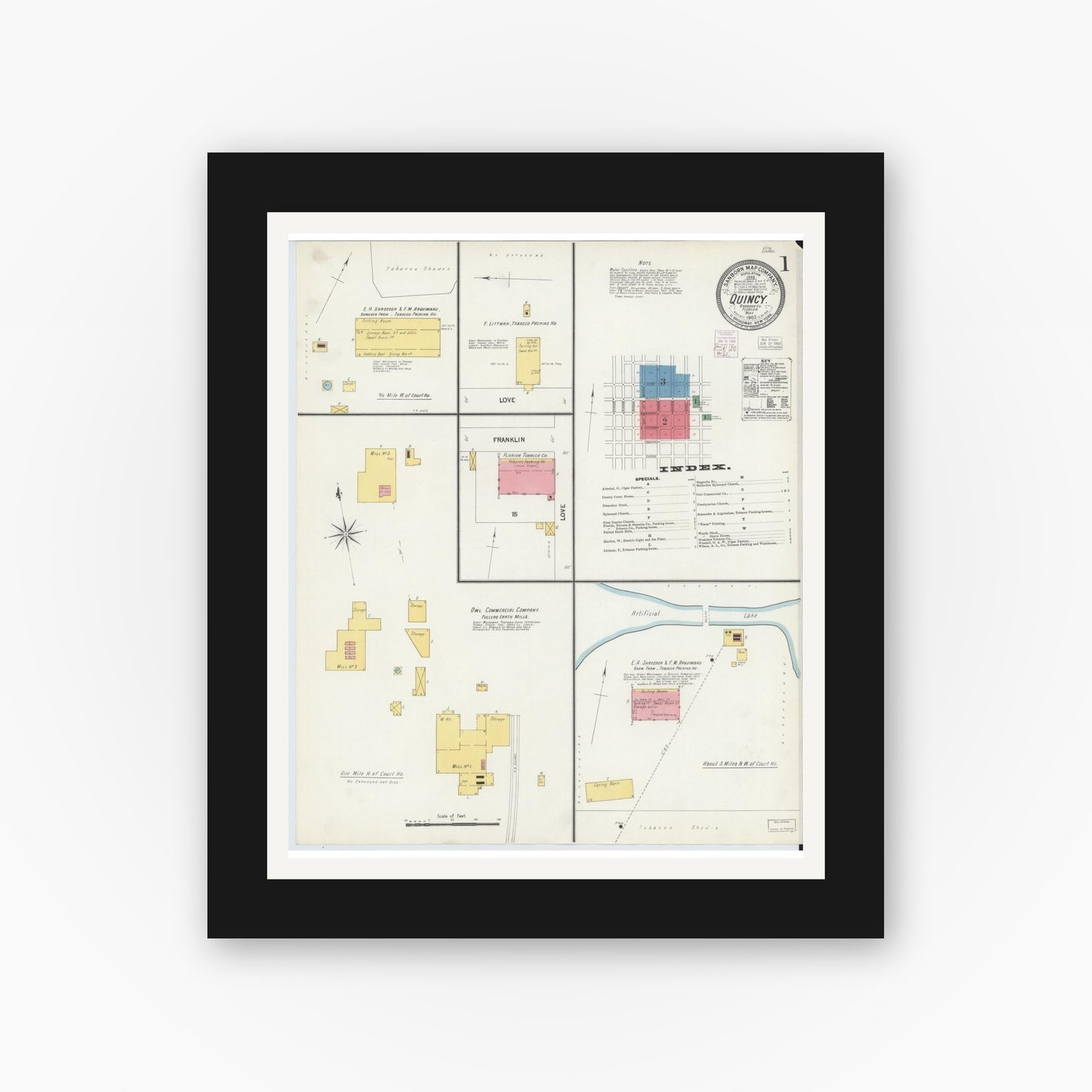 Old map wall art mockup — black gallery frame with white mat — Sanborn Fire Insurance Map from Quincy, Gadsden County, Florida (1903) - Complete Map Set