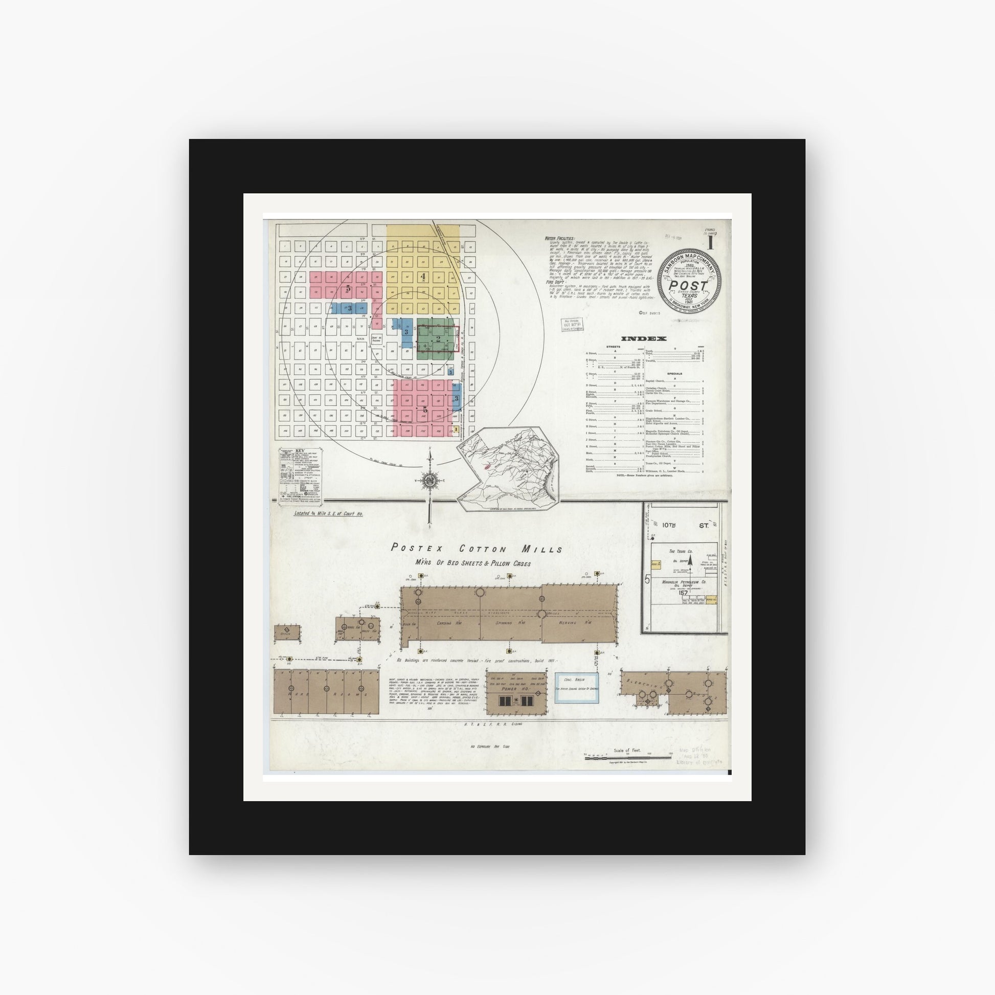 Old map wall art mockup — black gallery frame with white mat — Sanborn Fire Insurance Map from Post, Garza County, Texas (1921), Sheet #0001