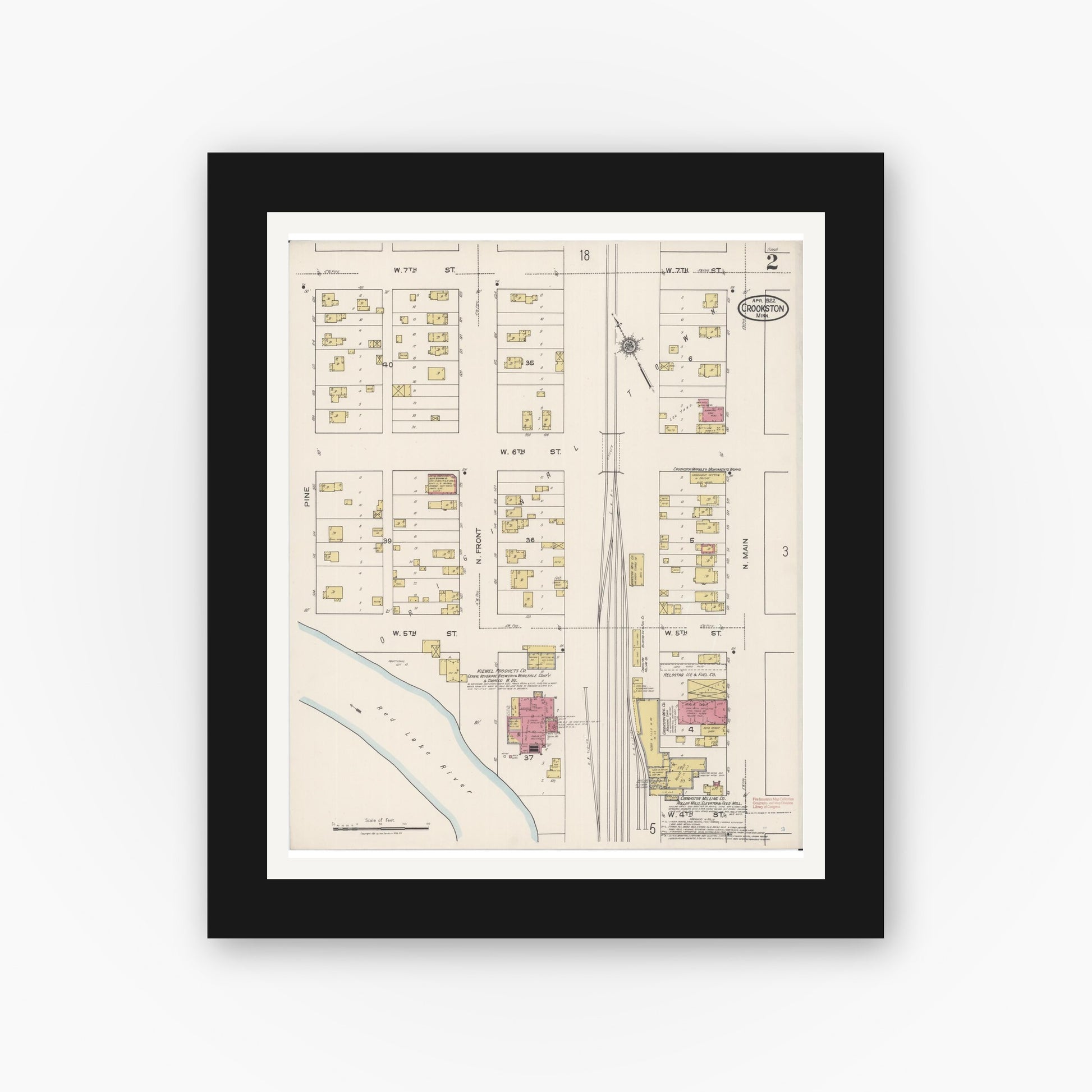 Old map wall art mockup — black gallery frame with white mat — Sanborn Fire Insurance Map from Crookston, Polk County, Minnesota (1922), Sheet #0002