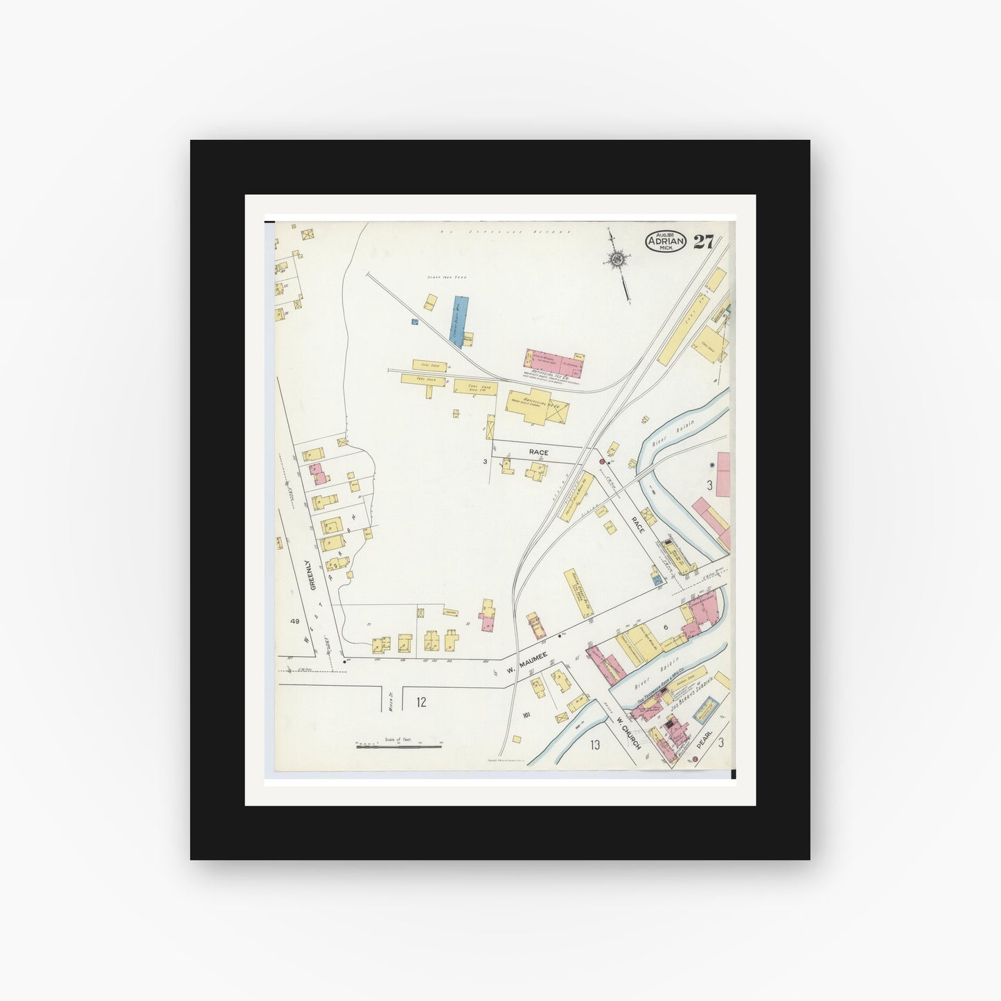 Old map wall art mockup — black gallery frame with white mat — Sanborn Fire Insurance Map from Adrian, Lenawee County, Michigan (1916), Sheet #0027