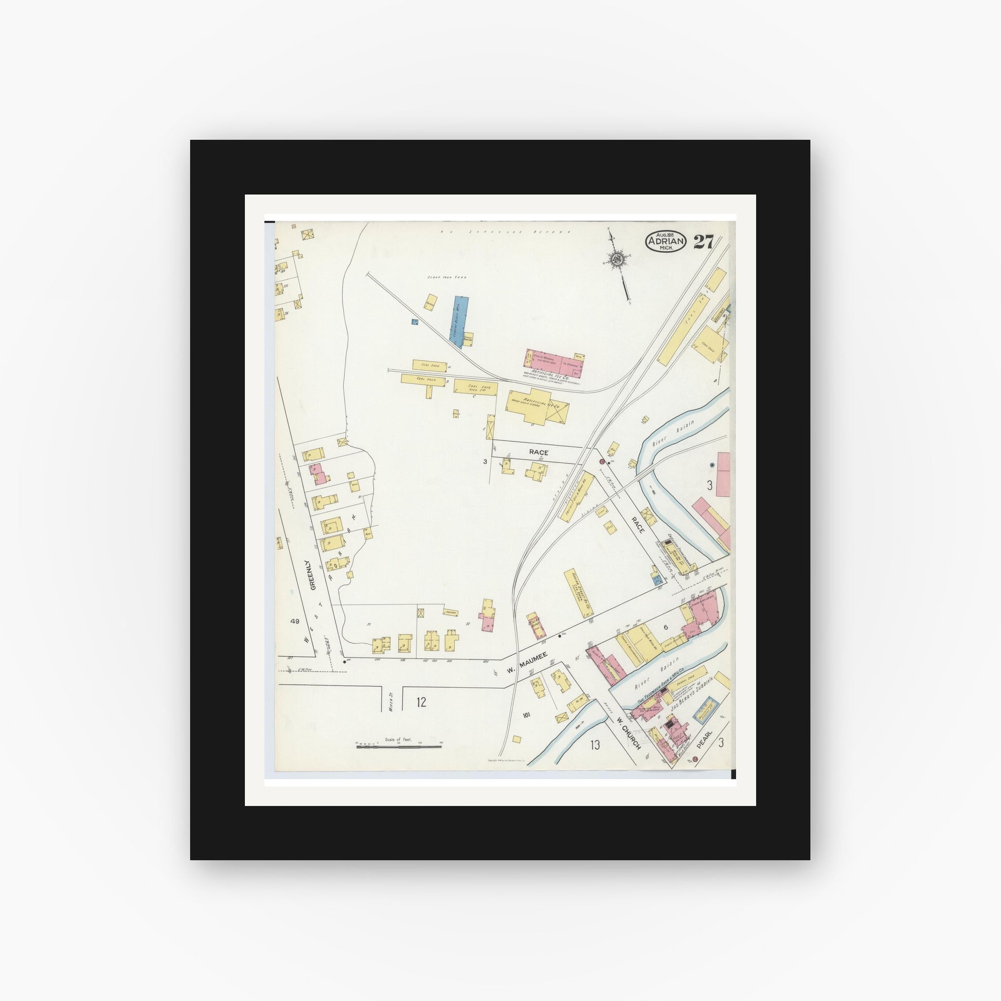 Old map wall art mockup — black gallery frame with white mat — Sanborn Fire Insurance Map from Adrian, Lenawee County, Michigan (1916), Sheet #0027