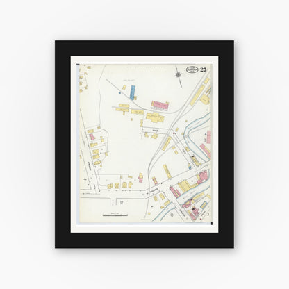 Old map wall art mockup — black gallery frame with white mat — Sanborn Fire Insurance Map from Adrian, Lenawee County, Michigan (1916), Sheet #0027