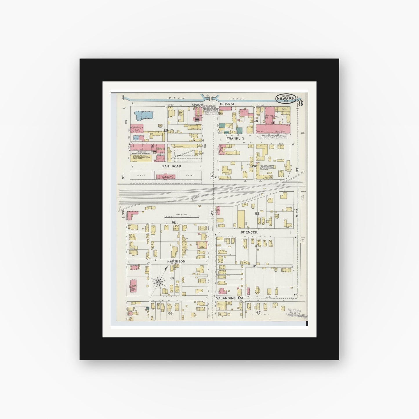 Old map wall art mockup — black gallery frame with white mat — Sanborn Fire Insurance Map from Newark, Licking County, Ohio (1893), Sheet #0008