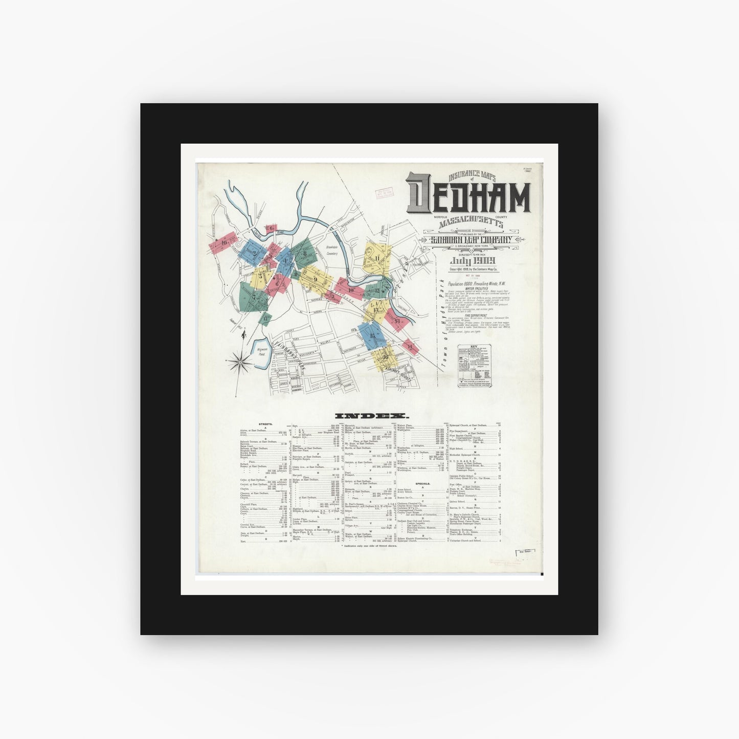 Old map wall art mockup — black gallery frame with white mat — Sanborn Fire Insurance Map from Dedham, Norfolk County, Massachusetts (1909) - Complete Map Set