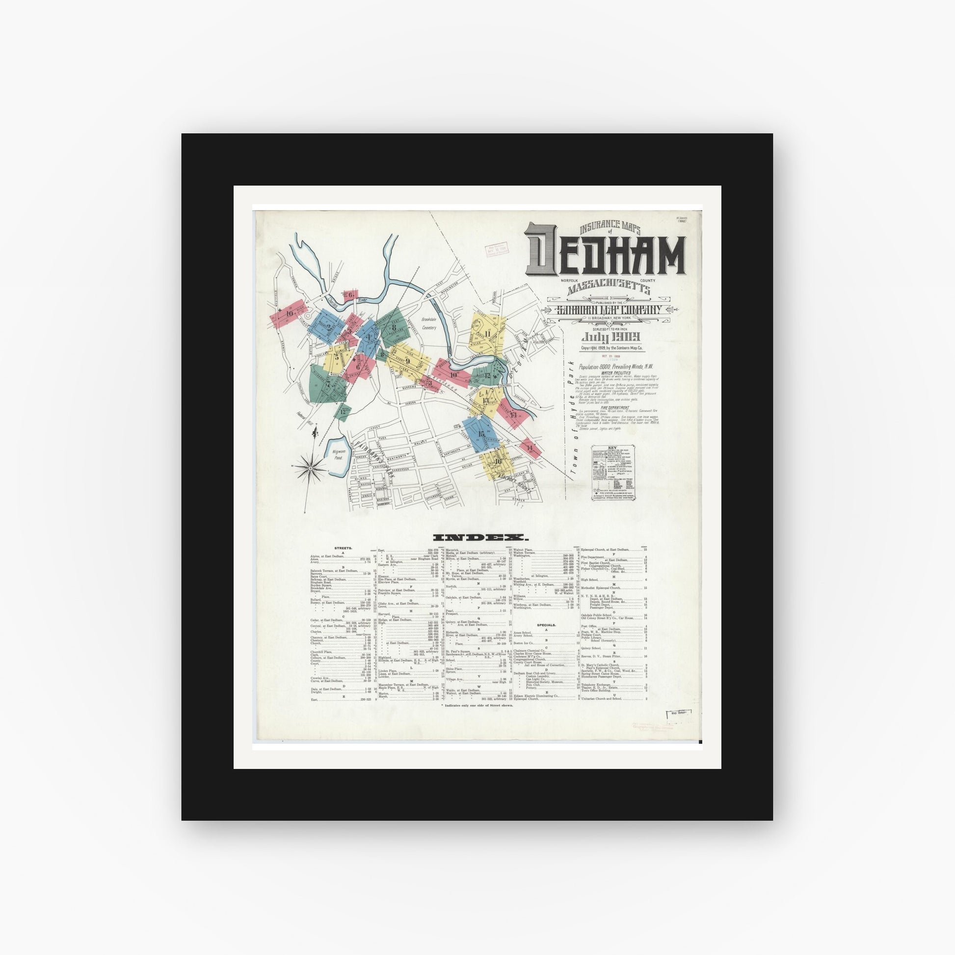 Old map wall art mockup — black gallery frame with white mat — Sanborn Fire Insurance Map from Dedham, Norfolk County, Massachusetts (1909) - Complete Map Set