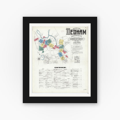 Old map wall art mockup — black gallery frame with white mat — Sanborn Fire Insurance Map from Dedham, Norfolk County, Massachusetts (1909) - Complete Map Set