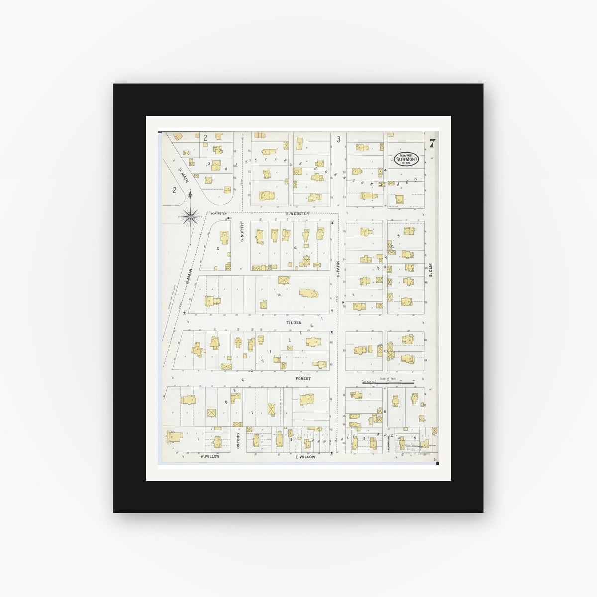Old map wall art mockup — black gallery frame with white mat — Sanborn Fire Insurance Map from Fairmont, Martin County, Minnesota (1905), Sheet #0007