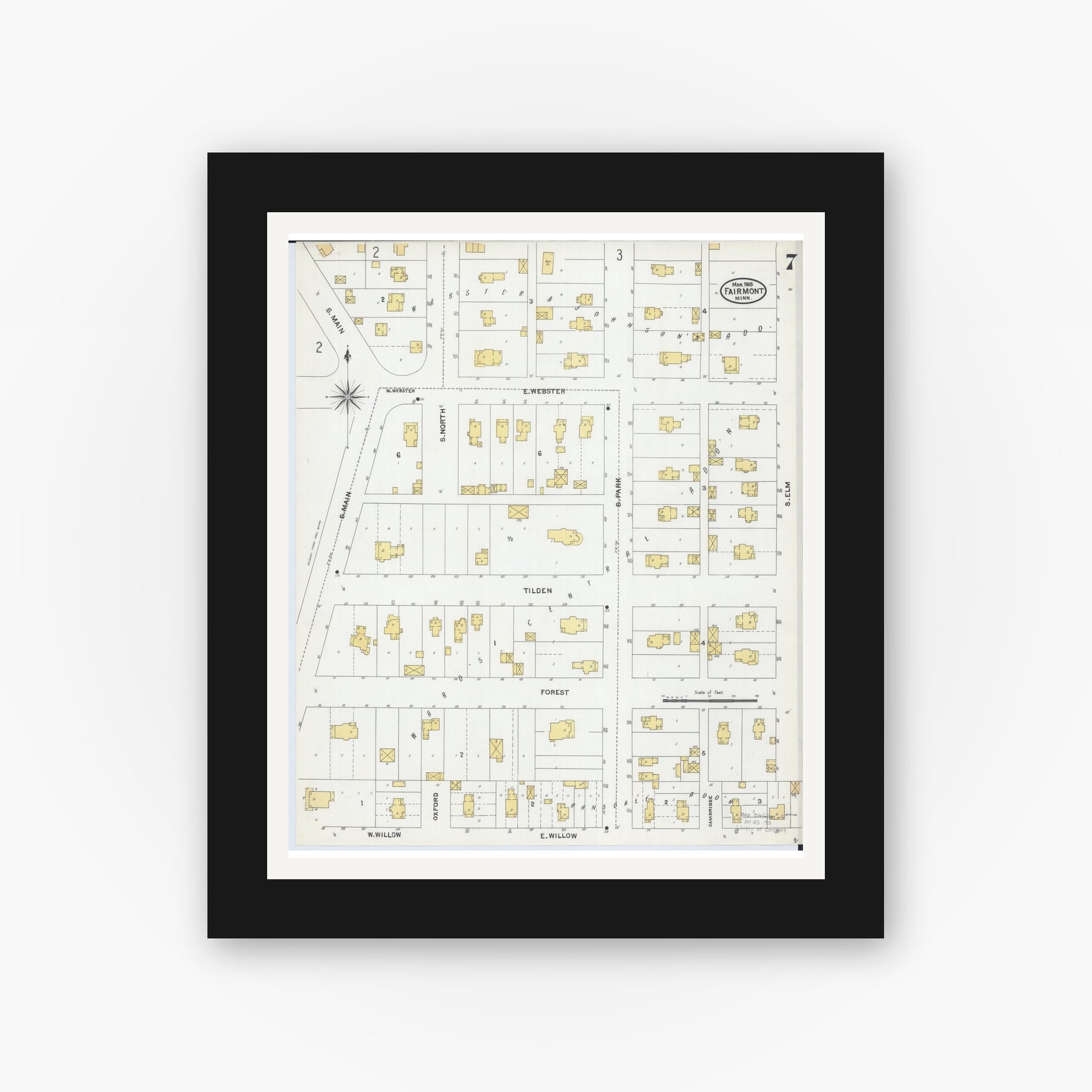 Old map wall art mockup — black gallery frame with white mat — Sanborn Fire Insurance Map from Fairmont, Martin County, Minnesota (1905), Sheet #0007