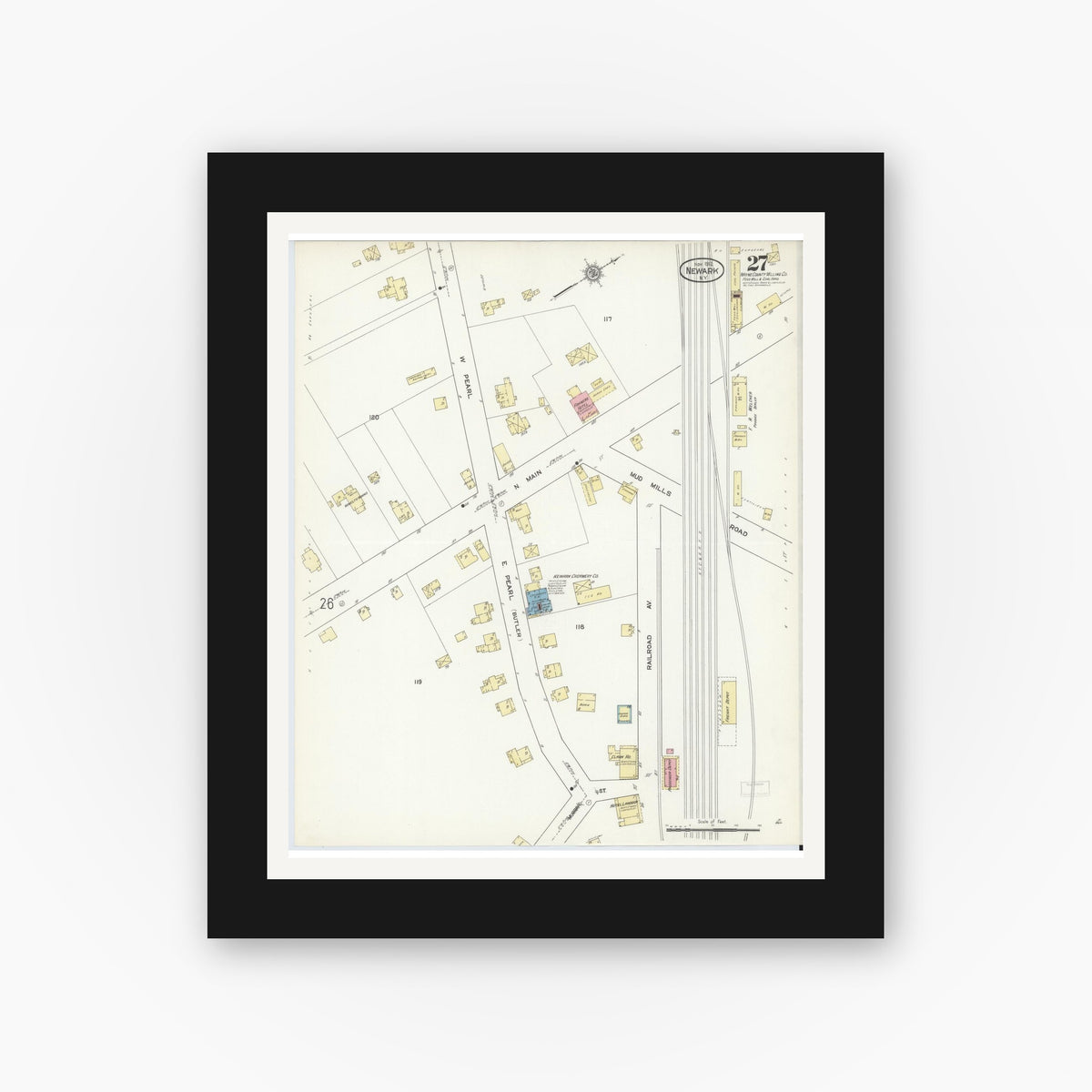 Old map wall art mockup — black gallery frame with white mat — Sanborn Fire Insurance Map from Newark, Wayne County, New York (1912), Sheet #0027