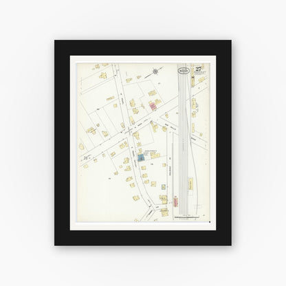 Old map wall art mockup — black gallery frame with white mat — Sanborn Fire Insurance Map from Newark, Wayne County, New York (1912), Sheet #0027