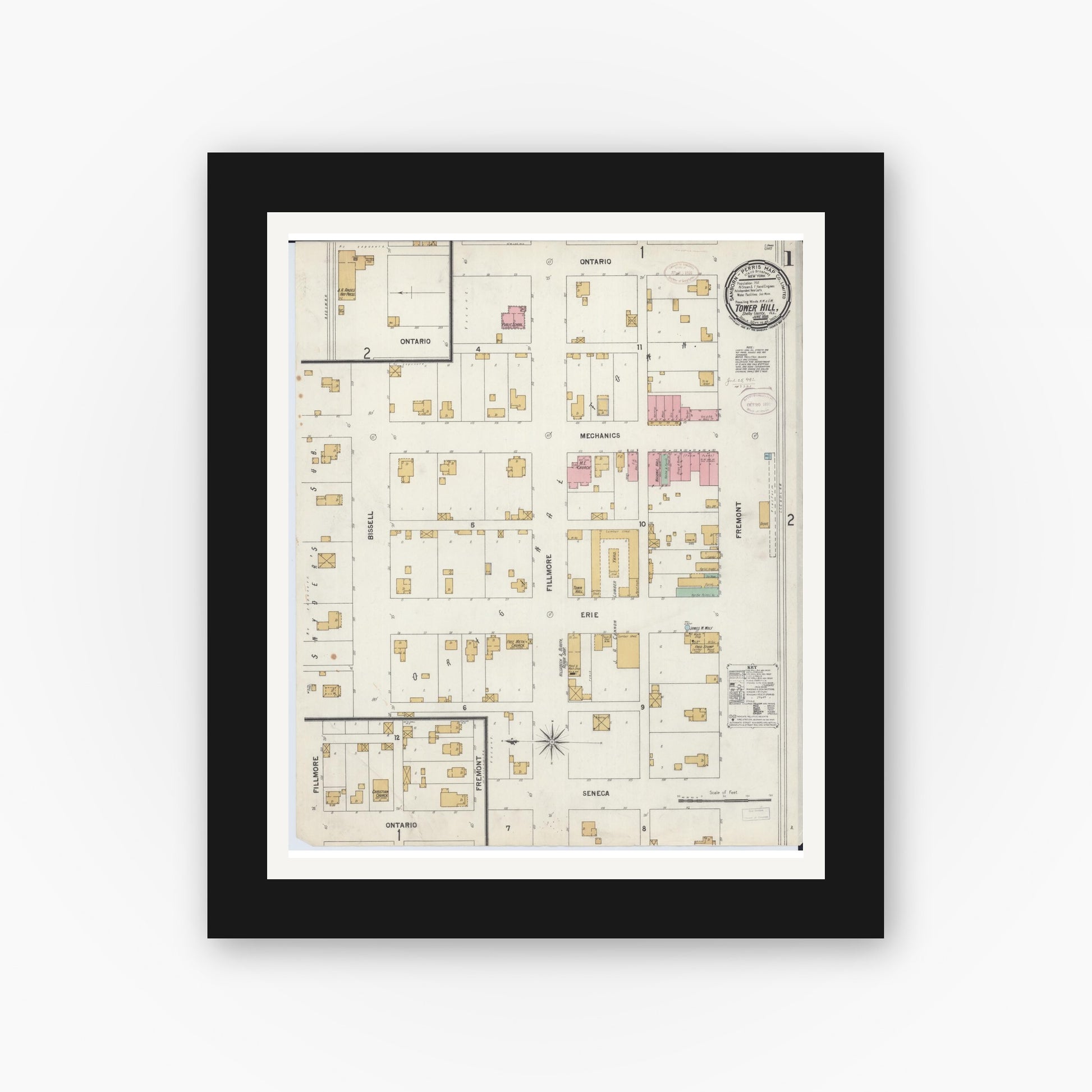 Old map wall art mockup — black gallery frame with white mat — Sanborn Fire Insurance Map from Tower Hill, Shelby County, Illinois (1899) - Complete Map Set