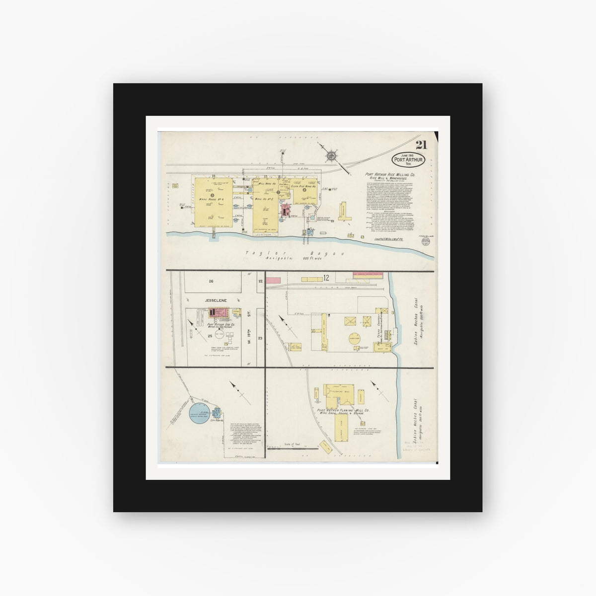 Old map wall art mockup — black gallery frame with white mat — Sanborn Fire Insurance Map from Port Arthur, Jefferson County, Texas (1915), Sheet #0021