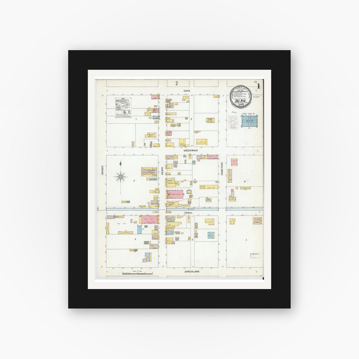 Old map wall art mockup — black gallery frame with white mat — Sanborn Fire Insurance Map from Del Rio, Val Verde County, Texas (1900), Sheet #0001