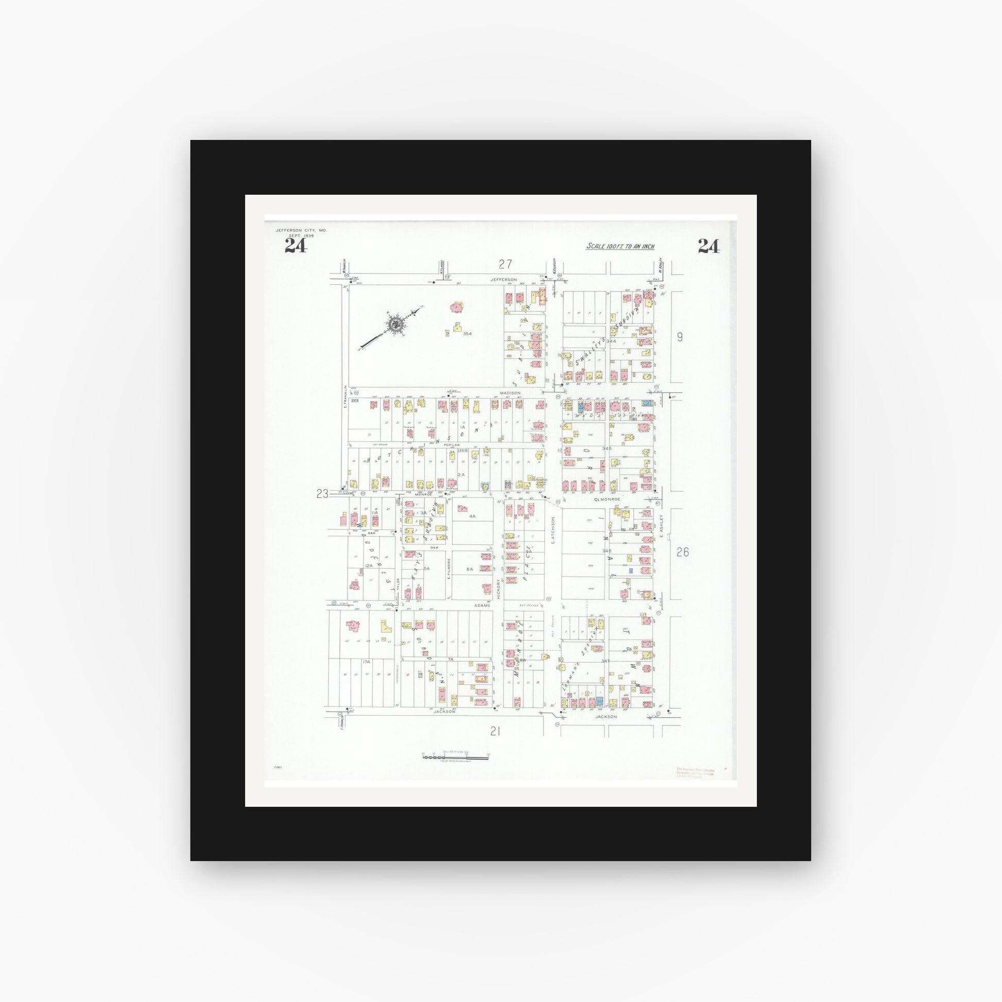 Old map wall art mockup — black gallery frame with white mat — Sanborn Fire Insurance Map from Jefferson City, Cole County, Missouri (1939), Sheet #0024