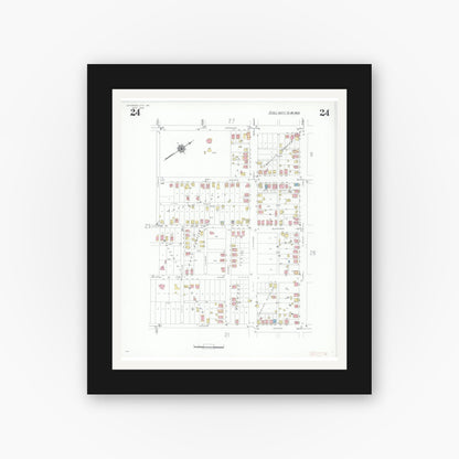 Old map wall art mockup — black gallery frame with white mat — Sanborn Fire Insurance Map from Jefferson City, Cole County, Missouri (1939), Sheet #0024