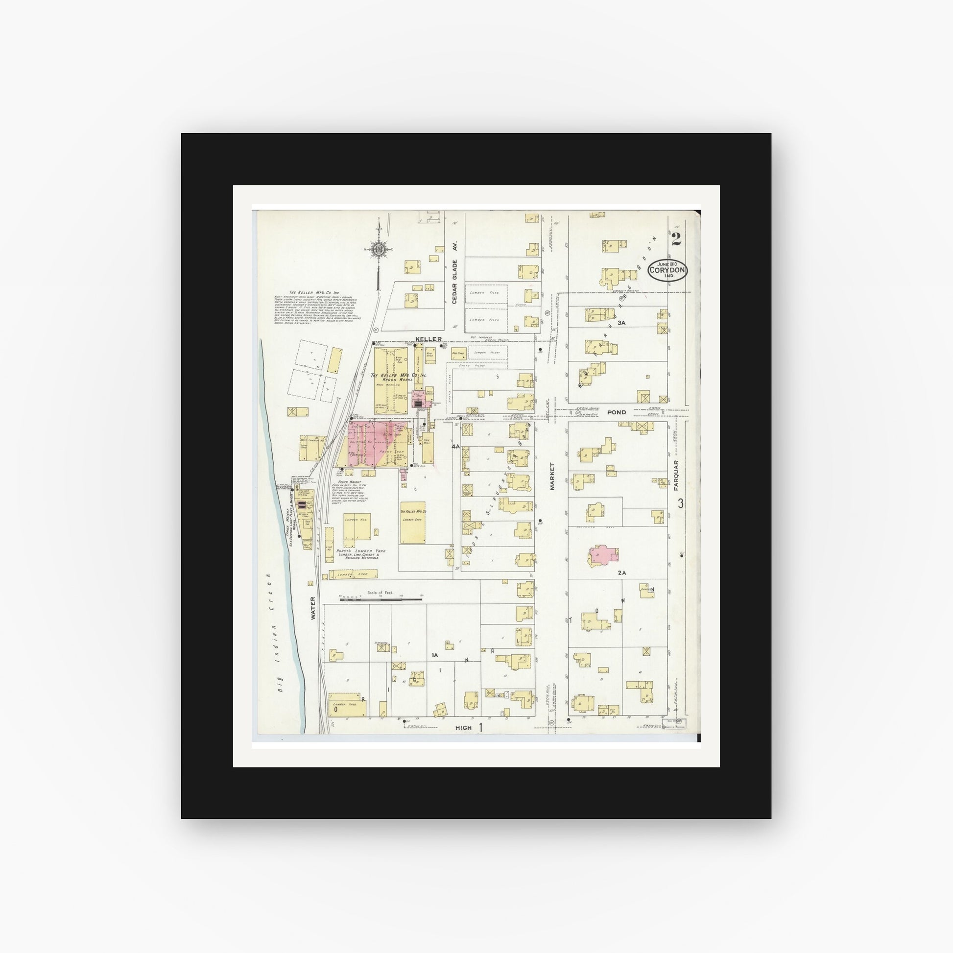 Old map wall art mockup — black gallery frame with white mat — Sanborn Fire Insurance Map from Corydon, Harrison County, Indiana (1910), Sheet #0002