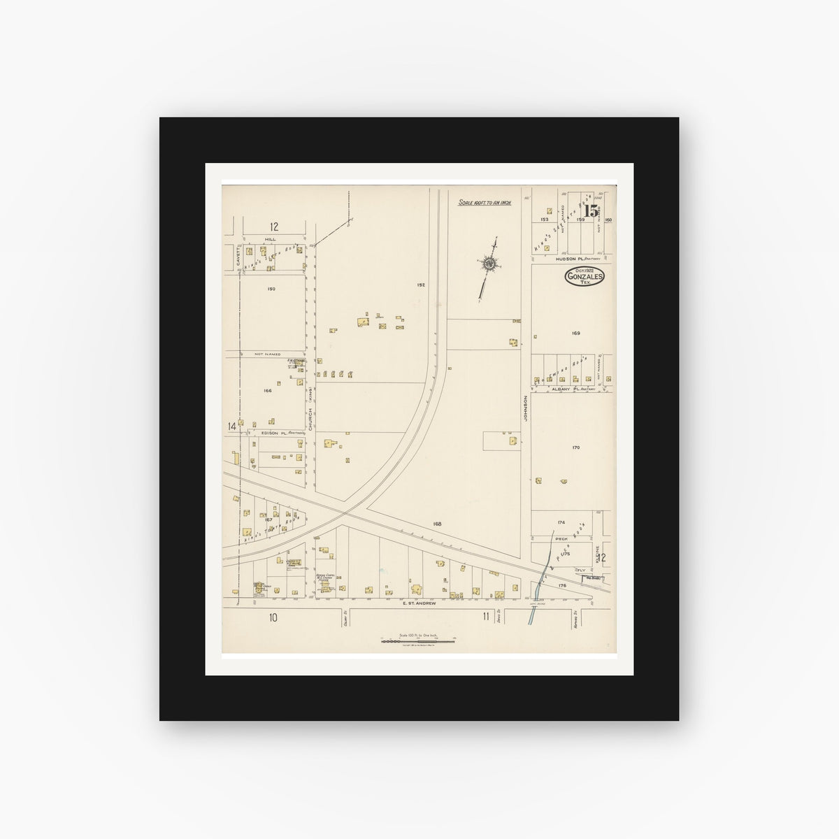 Old map wall art mockup — black gallery frame with white mat — Sanborn Fire Insurance Map from Gonzales, Gonzales County, Texas (1922), Sheet #0015