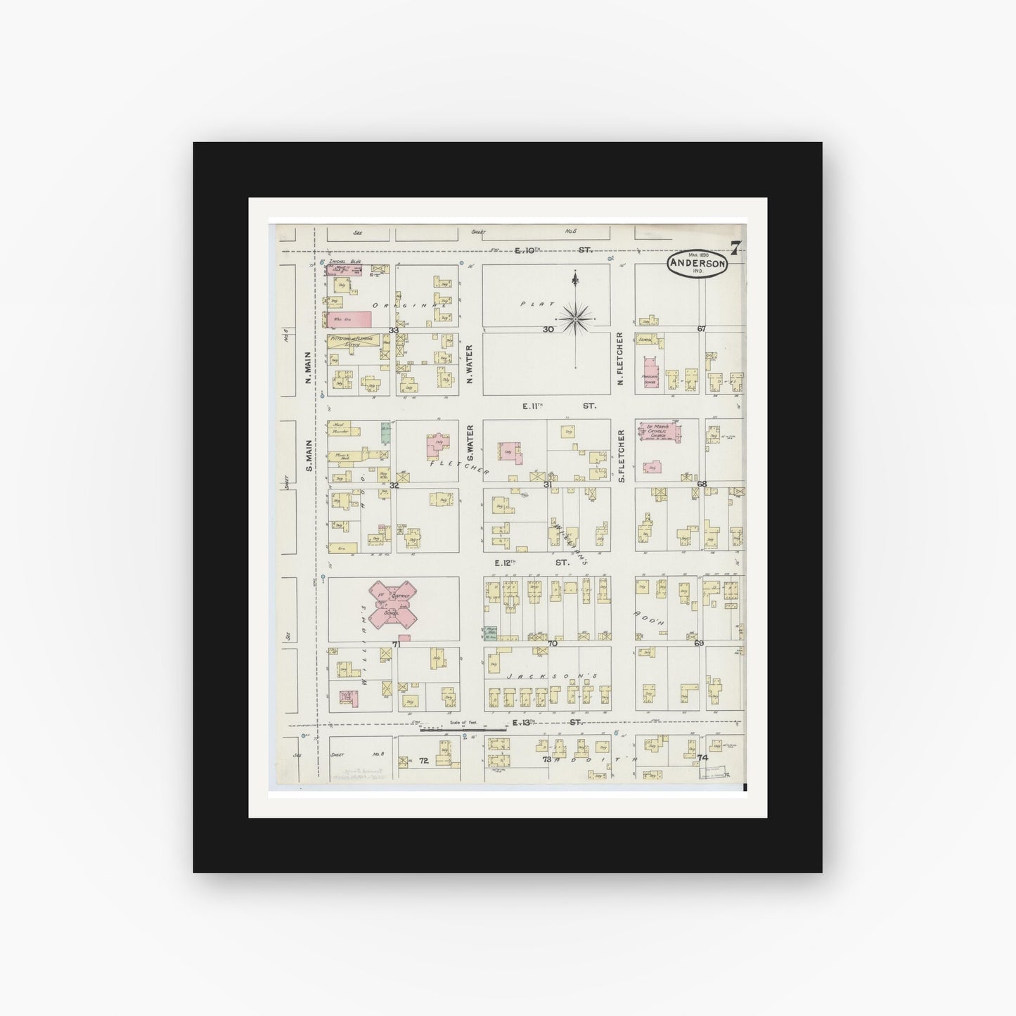 Old map wall art mockup — black gallery frame with white mat — Sanborn Fire Insurance Map from Anderson, Madison County, Indiana (1890), Sheet #0007