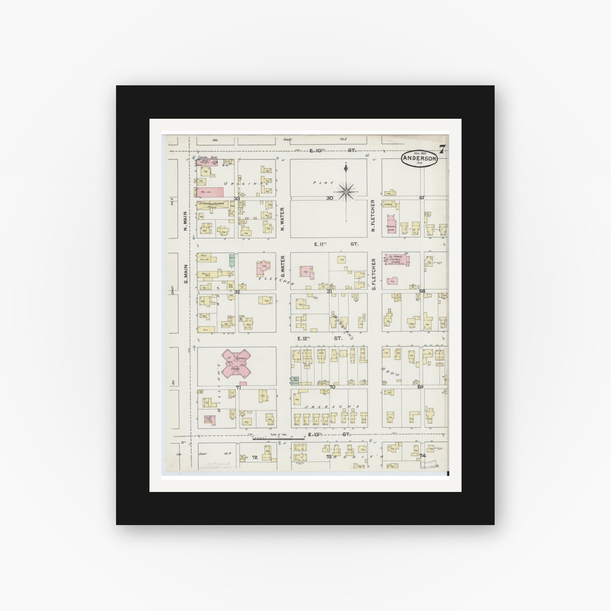 Old map wall art mockup — black gallery frame with white mat — Sanborn Fire Insurance Map from Anderson, Madison County, Indiana (1890), Sheet #0007