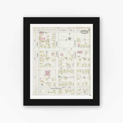Old map wall art mockup — black gallery frame with white mat — Sanborn Fire Insurance Map from Anderson, Madison County, Indiana (1890), Sheet #0007