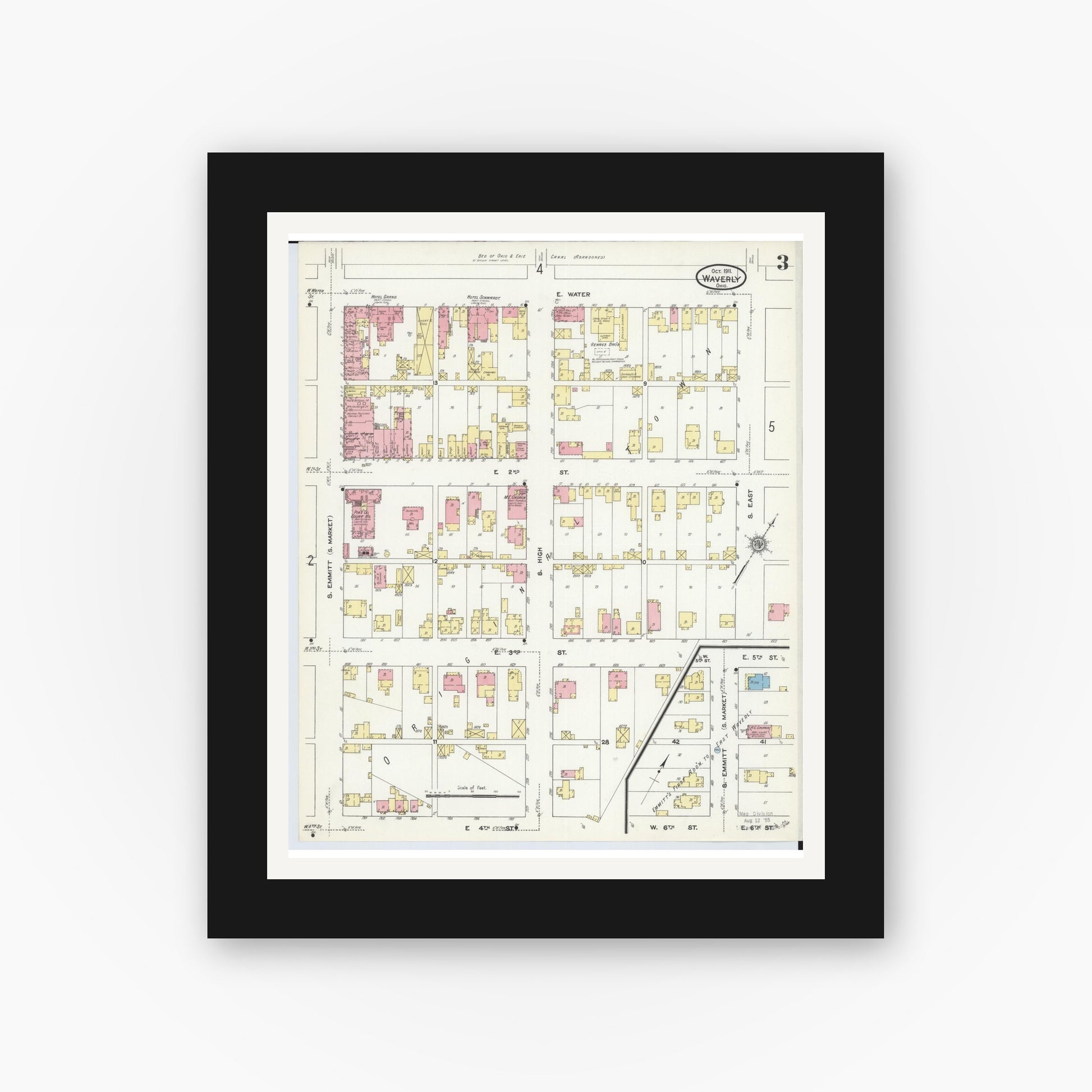 Old map wall art mockup — black gallery frame with white mat — Sanborn Fire Insurance Map from Waverly, Pike County, Ohio (1911), Sheet #0003