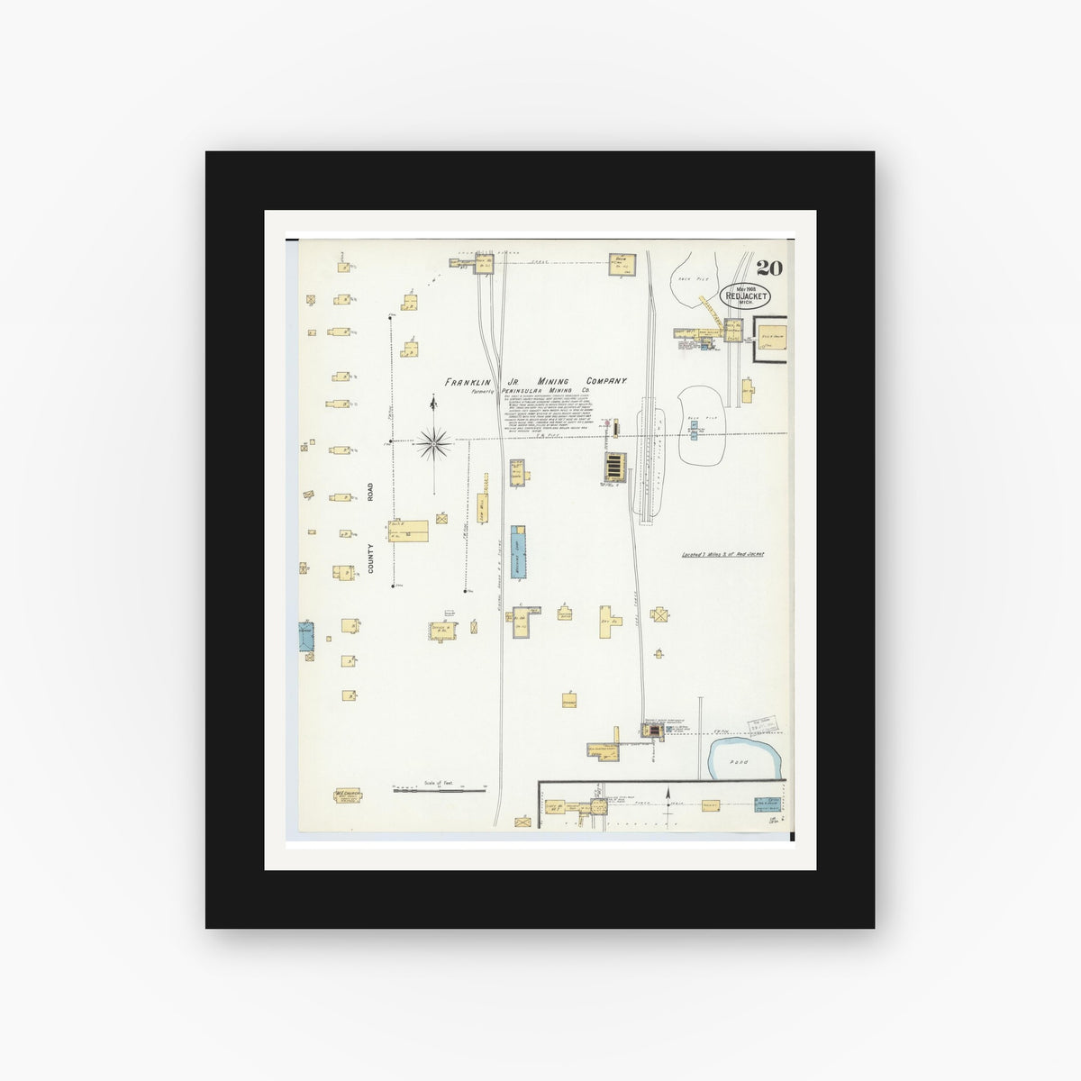 Old map wall art mockup — black gallery frame with white mat — Sanborn Fire Insurance Map from Red Jacket, Houghton County, Michigan (1908), Sheet #0020