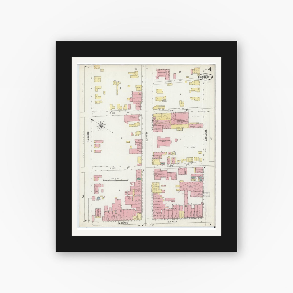 Old map wall art mockup — black gallery frame with white mat — Sanborn Fire Insurance Map from Charlotte, Mecklenburg County, North Carolina (1896), Sheet #0004