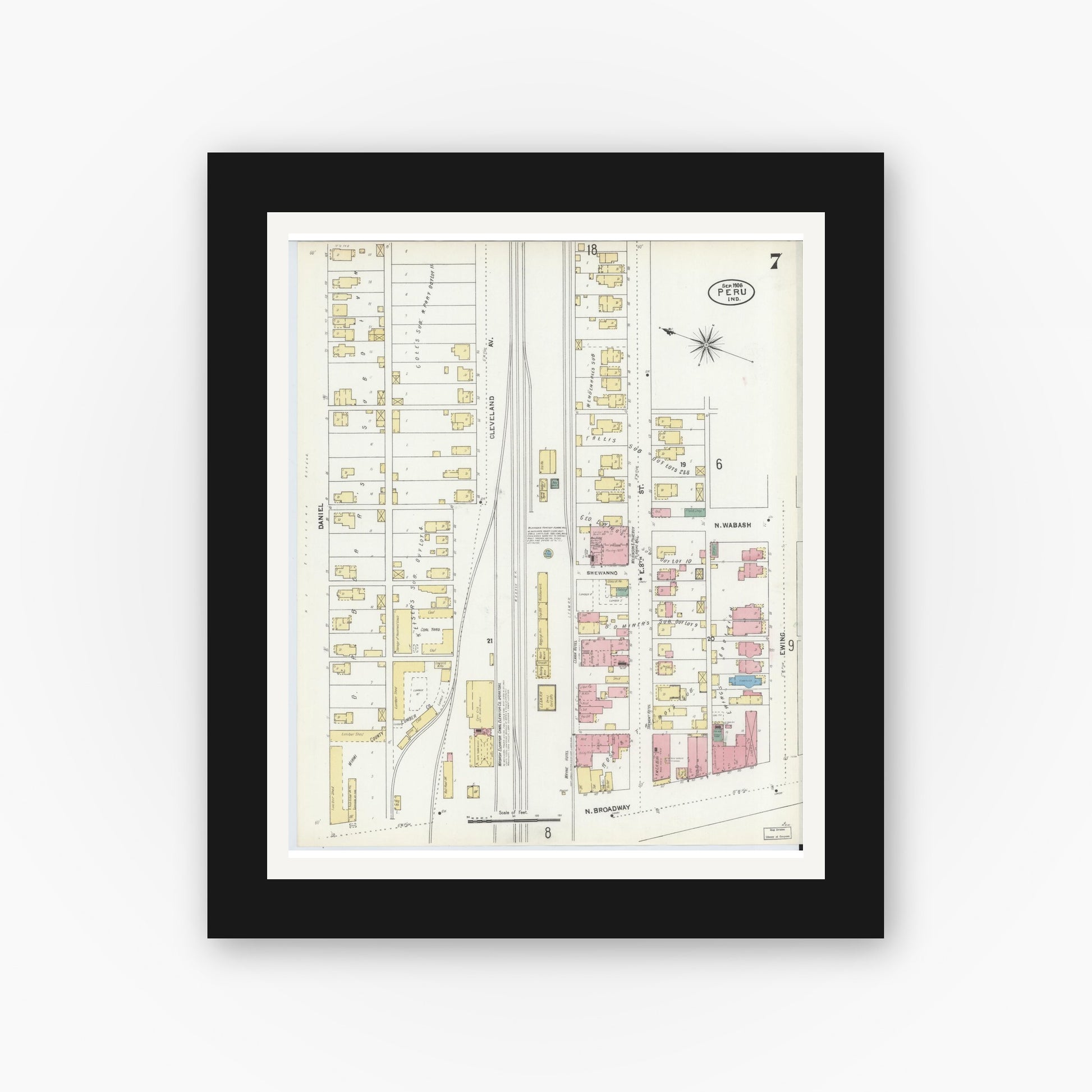 Old map wall art mockup — black gallery frame with white mat — Sanborn Fire Insurance Map from Peru, Miami County, Indiana (1906), Sheet #0007