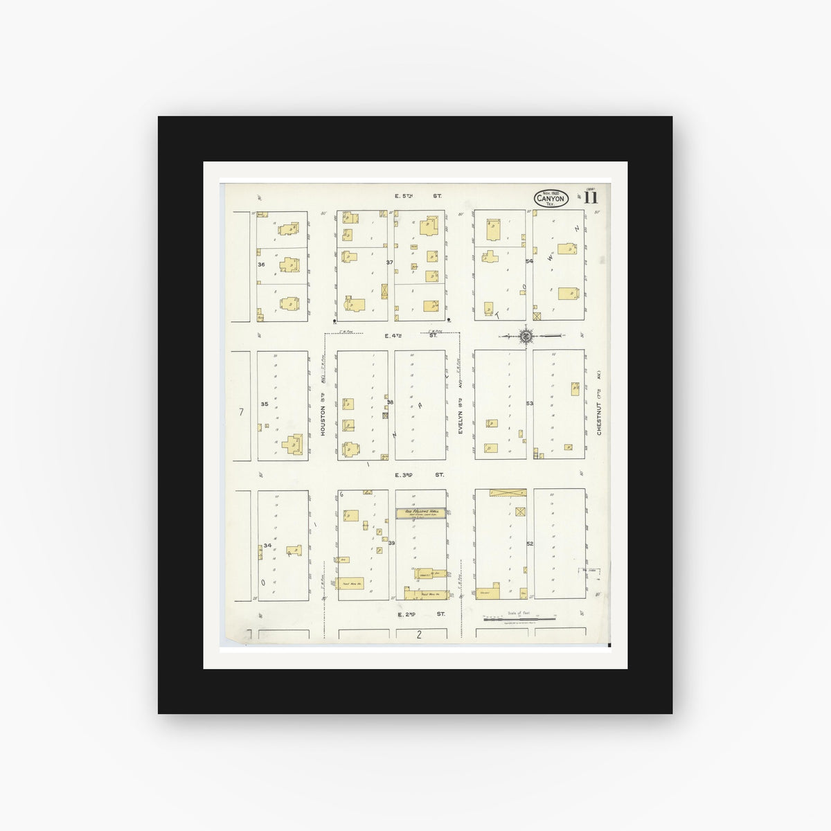 Old map wall art mockup — black gallery frame with white mat — Sanborn Fire Insurance Map from Canyon, Randall County, Texas (1920), Sheet #0011