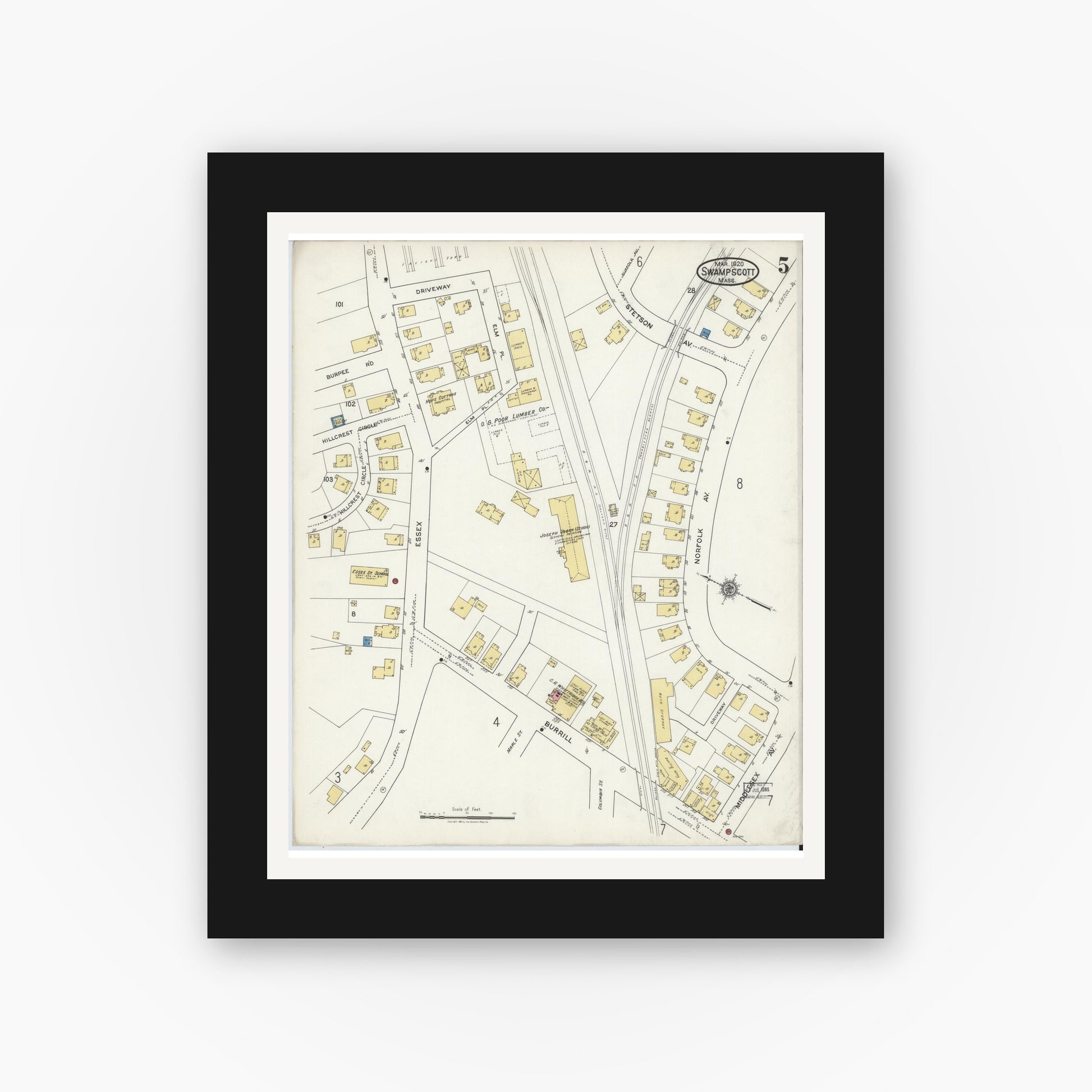 Old map wall art mockup — black gallery frame with white mat — Sanborn Fire Insurance Map from Swampscott, Essex County, Massachusetts (1920), Sheet #0005