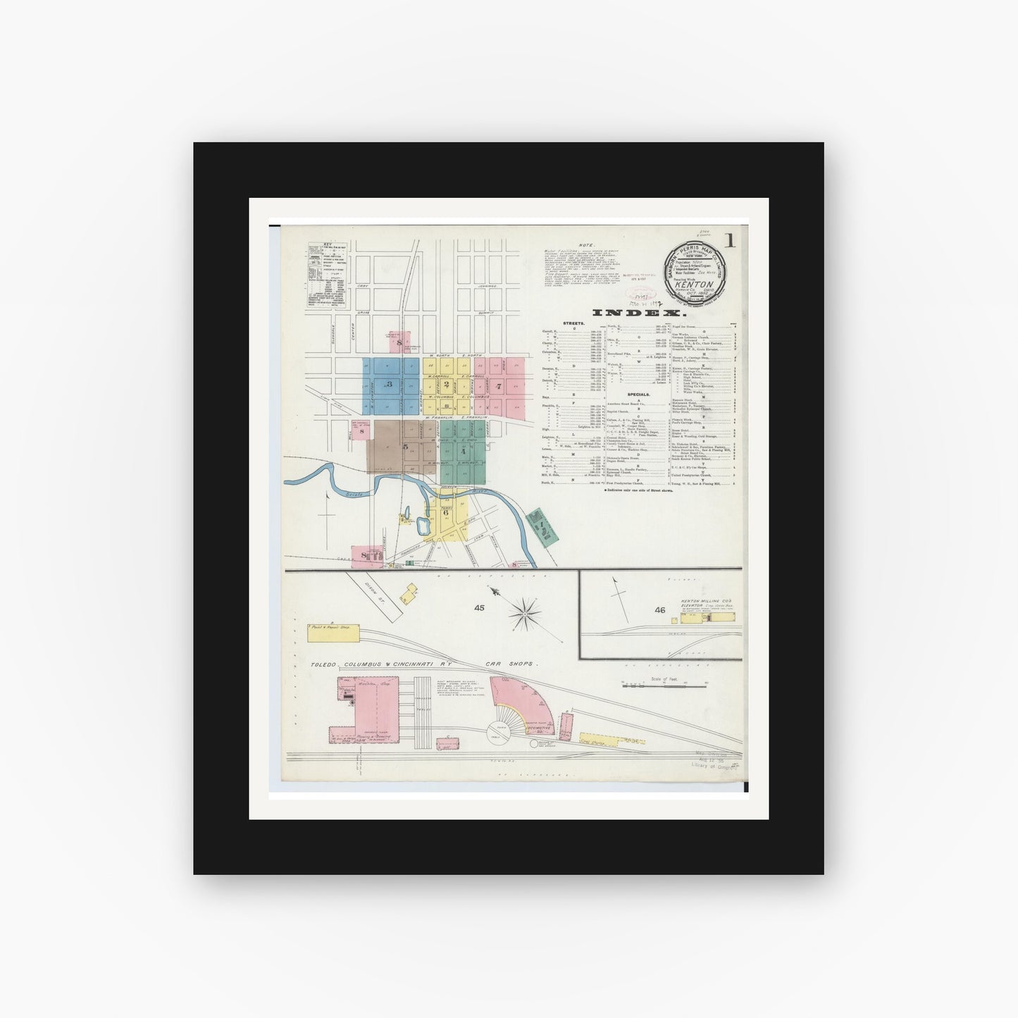 Old map wall art mockup — black gallery frame with white mat — Sanborn Fire Insurance Map from Kenton, Hardin County, Ohio (1892), Sheet #0001