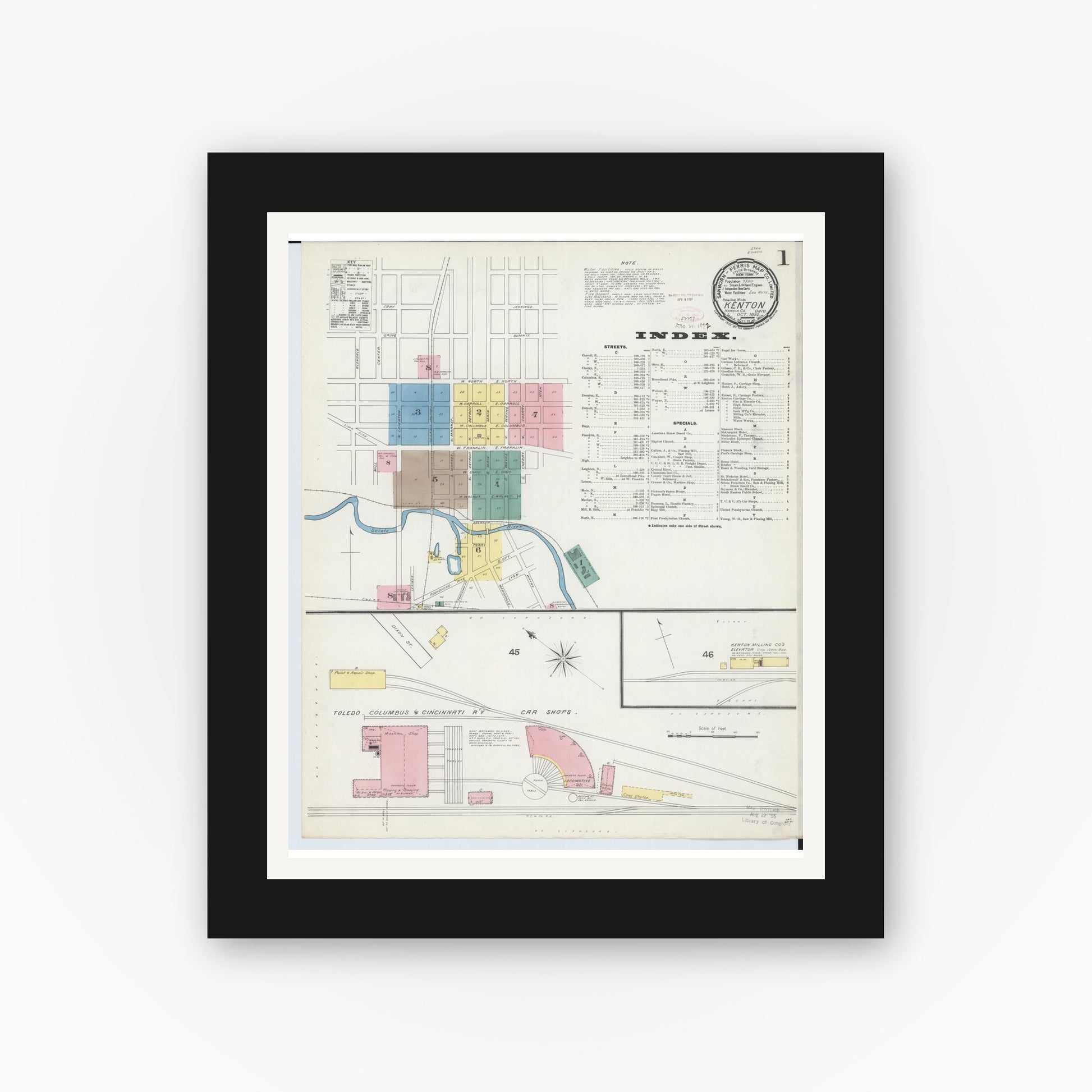 Old map wall art mockup — black gallery frame with white mat — Sanborn Fire Insurance Map from Kenton, Hardin County, Ohio (1892), Sheet #0001